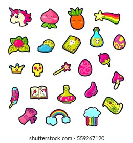 Set of Fashion patch badges with cute elements - wing, unicorn, treasure map, potion, flower. Perfect design for stickers, pins, embroidery patches. Vector illustration isolated on white background.