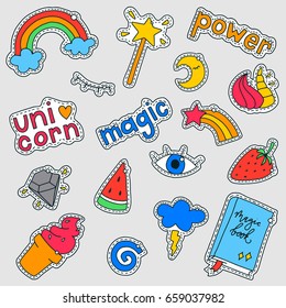 Set of fashion patch badges with cute element. Design for stickers, pins, embroidery patches. Vector hand drawn illustration and funny stickers kit. Doodle sketch badges and pins.Style 80s and 90s.