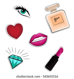 Set of fashion patch badges with eye, lipstick heart, diamond, lips and perfume.