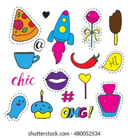 Set  fashion patch badges. Hand drawn vector cartoon funny stickers. Modern doodle pop art sketch and inscriptions. Cute isolated pins and icons. Bright elements. Embroidery, applique.