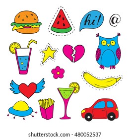 Set  fashion patch badges. Hand drawn vector cartoon funny stickers. Modern doodle pop art sketch and inscriptions. Cute isolated pins and icons. Bright elements. Embroidery, applique.