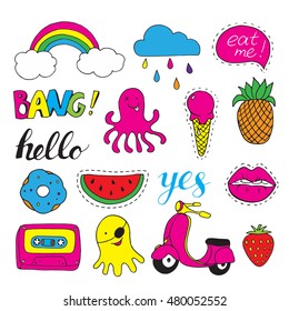 Set  fashion patch badges. Hand drawn vector cartoon funny stickers. Modern doodle pop art sketch and inscriptions. Cute isolated pins and icons. Bright elements. Embroidery, applique.