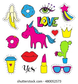 Set  fashion patch badges. Hand drawn vector cartoon funny stickers. Modern doodle pop art sketch and inscriptions. Cute isolated pins and icons. Bright elements. Embroidery, applique.