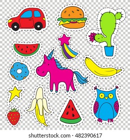 Set fashion patch badges. Hand drawn vector cartoon funny stickers. Modern doodle pop art sketch and inscriptions. Cute isolated pins and icons. Bright elements. Embroidery, applique.