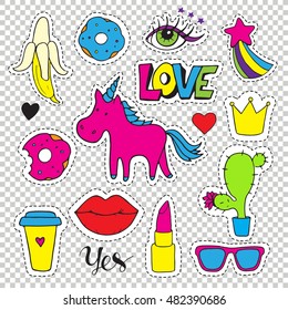 Set fashion patch badges. Hand drawn vector cartoon funny stickers. Modern doodle pop art sketch and inscriptions. Cute isolated pins and icons. Bright elements. 