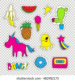 Set fashion patch badges. Hand drawn vector cartoon funny stickers. Modern doodle pop art sketch and inscriptions. Cute isolated pins and icons. Bright elements. Embroidery, applique.