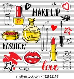 Set fashion patch badges. Hand drawn vector sticker. Modern pop art sketch and calligraphy. Cosmetics. Embroidery, applique. Lips, rouge, nail polish, perfume, mascara, lipstick. Accessories for woman