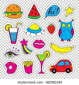 Set fashion patch badges. Hand drawn vector cartoon funny stickers. Modern doodle pop art sketch. Cute isolated pins and icons. Bright elements. Embroidery, applique.