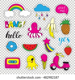 Set fashion patch badges. Hand drawn vector cartoon funny stickers. Modern doodle pop art sketch and inscriptions. Cute isolated pins and icons. Bright elements. Embroidery, applique.