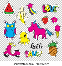 Set fashion patch badges. Hand drawn vector cartoon funny stickers. Modern doodle pop art sketch and inscriptions. Cute isolated pins and icons. Bright elements. 