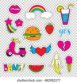 Set fashion patch badges. Hand drawn vector cartoon funny stickers. Modern doodle pop art sketch and inscriptions. Cute isolated pins and icons. Bright  elements. 