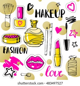 Set fashion patch badges. Hand drawn vector sticker. Modern pop art sketch and calligraphy. Cosmetics. Embroidery, applique. Lips, rouge, nail polish, perfume, mascara, lipstick. Accessories for woman