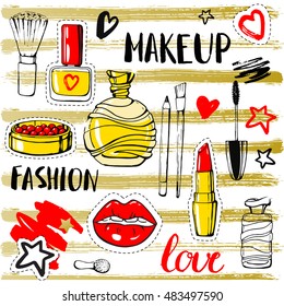 Set fashion patch badges. Hand drawn vector sticker. Modern pop art sketch and calligraphy. Cosmetics. Embroidery, applique. Lips, rouge, nail polish, perfume, mascara, lipstick. Accessories for woman