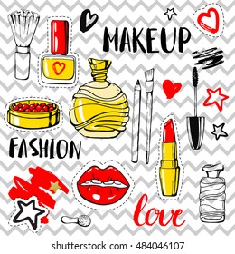 Set fashion patch badges. Hand drawn vector sticker. Modern pop art sketch and calligraphy. Cosmetics. Embroidery, applique. Lips, rouge, nail polish, perfume, mascara, lipstick. Accessories for woman
