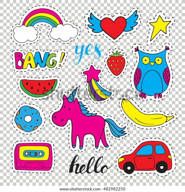 Set\
fashion patch badges. Hand drawn vector cartoon funny stickers.\
Modern doodle pop art sketch and inscriptions. Cute isolated pins\
and icons. Bright  elements. Embroidery,\
applique.