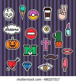 Set of fashion patch badges or  modern pin badges. Lipstick, eye, letter and others. For t-shirt, bag, denim, hat, other clothes.