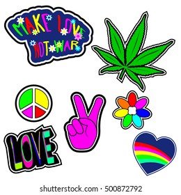 Set of fashion patch badges on hippie or hipster style. Vector illustration. Isolated on white.