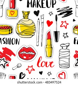Set fashion patch badges. Seamless pattern. Hand drawn vector sticker. Modern pop art sketch and calligraphy. Cosmetics. Embroidery, applique. Lips, rouge, nail polish, perfume, mascara, lipstick.
