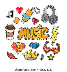 Set of fashion patch badges, stickers in comic style : crown, headphones, coffee, heart, word Music, lips, cloud, star, note, gem isolated on white background. Art vector illustration.