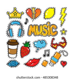 Set of fashion patch badges, stickers in comic style : crown, headphones, coffee, heart, word Music, lips, cloud, glasses, star, note, gem, isolated on white background. Art vector illustration.