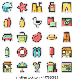 Set of Fashion patch badges with surf and summer elements. Perfect design for stickers, pins, embroidery patches. Vector illustration isolated on white background.