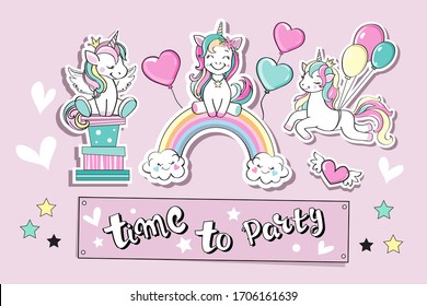 Set of fashion patch badges with unicorn for birthday. Unicorn on a rainbow, on gifts, on an inflatable balloon. Flat style. Holiday concept