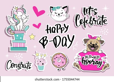 Set of fashion patch badges with unicorn, cat, pug dog and cake for birthday. Flat style illustration