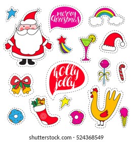 Set fashion patch Christmas badges. Hand drawn vector stickers. Modern doodle pop art sketch. Cute isolated pins and icons. Embroidery, applique, patch. Santa Claus, rooster and other New Year symbols