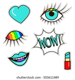 Set of fashion patches  badges with lips,eyes,speech, rainbow. Comic style.