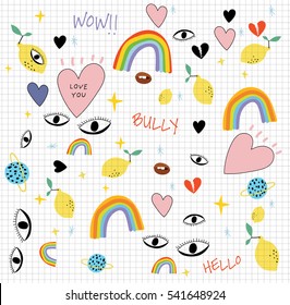 Set of fashion patches and badges. Modern slogans. Rainbow effect. Girl gang.