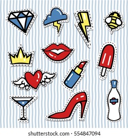Set of fashion patches and badges. Vector hand drawn. Fashion stickers kit. Pop art sketch badges and pins. Red lips. Vector illustration.