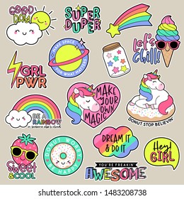 Set of fashion patches, cute colorful badges, inspirational quotes, fun cartoon icons design vector