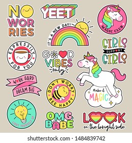 Set of fashion patches, cute colorful badges, inspirational quotes, fun cartoon icons design vector
