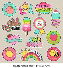 Set of fashion patches, cute colorful badges, inspirational quotes, fun cartoon icons design vector