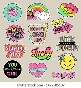 Set Of Fashion Patches, Cute Colorful Badges, Inspirational Quotes, Fun Cartoon Icons Design Vector