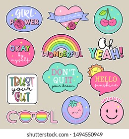 Set of fashion patches, cute colorful badges, inspirational quotes, fun cartoon icons design vector