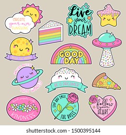 Set of fashion patches, cute colorful badges, inspirational quotes, fun cartoon icons design vector