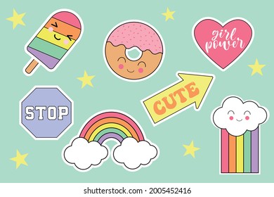 Set of fashion patches, cute colorful badges, inspirational quotes, fun cartoon icons design vector cloud heart