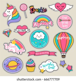 Set of fashion patches, cute colorful badges, fun cartoon icons design vector