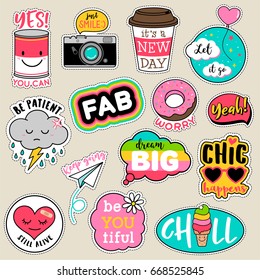 Set of fashion patches, cute colorful badges, fun cartoon icons design vector in motivation concept