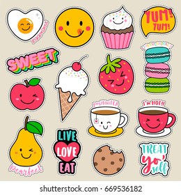 Set Of Fashion Patches, Cute Colorful Badges, Fun Cartoon Food Icons Design Vector.
