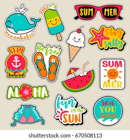 Set of fashion patches, cute colorful badges, fun cartoon icons design vector
in summer holidays concept