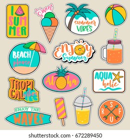 Set of fashion patches, cute colorful badges, fun cartoon icons vector
in summer holidays concept