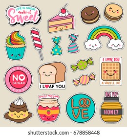 Set of fashion patches, cute colorful badges, fun cartoon icons design vector
in dessert concept