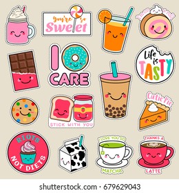 Set Of Fashion Patches, Cute Colorful Badges, Fun Cartoon Icons Design Vector In Dessert Concept