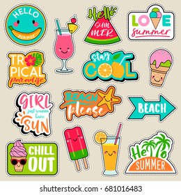 Set of fashion patches, cute colorful badges, fun cartoon icons design vector in summer holidays concept