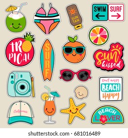 Set of fashion patches, cute colorful badges, fun cartoon icons design vector in summer holidays concept