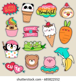 Set of fashion patches, cute colorful badges, fun cartoon icons design vector
in animal shaped food concept