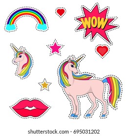 Set of fashion patches, cute colorful badges, fun cartoon icons design illustration with unicorn, speech bubble wow, stars, lips, hearts in 80s-90s style. 