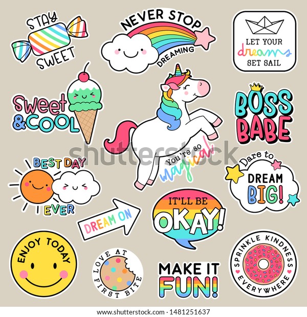 Set Fashion Patches Cute Colorful Badges Stock Vector